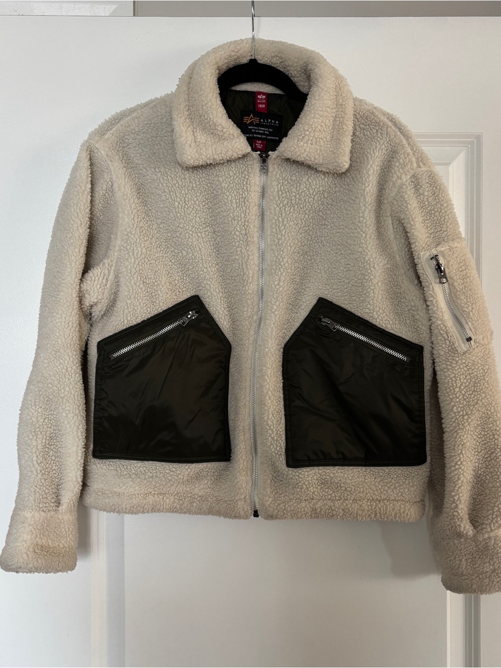 Alpha Industries Cream Sherpa Bomber Jacket with Black Pockets